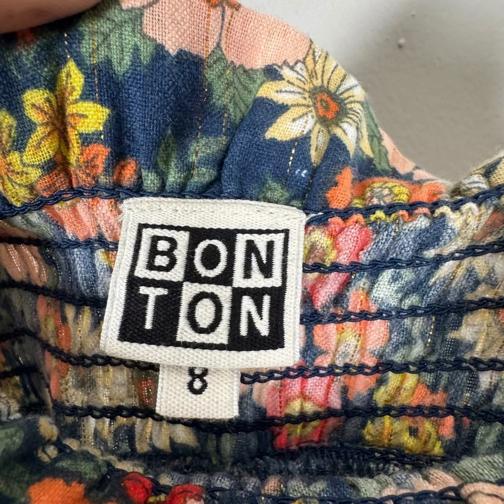 Bonton Girls Floral Smocked Jumpsuit Navy Blue Gold Lurex Tie Shoulder Size 8